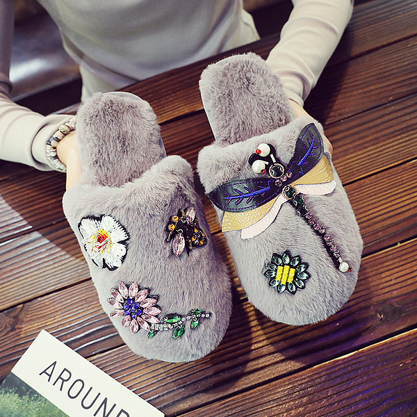 Pantuflas Gris Y Flores T-36